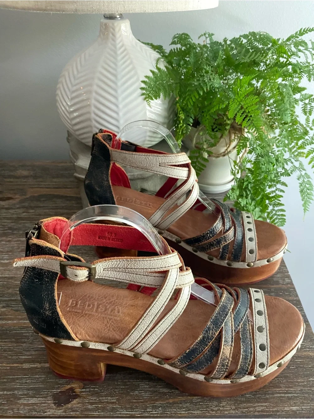 Bed|Stu Antonelli Leather Wood Platform Heeled Sandals Womens 10 Tan Black Lux - Picture 8 of 16